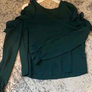 Green Open Shoulder Ruffle Blouse